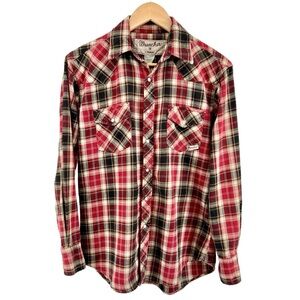 Vtg Wrangler Wrancher Mens Pearl Snap Button Up Western Shirt Medium Red Black